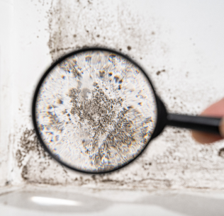 Magnifying glass revealing mold growth on a wall — professional mold remediation in Ventura County
