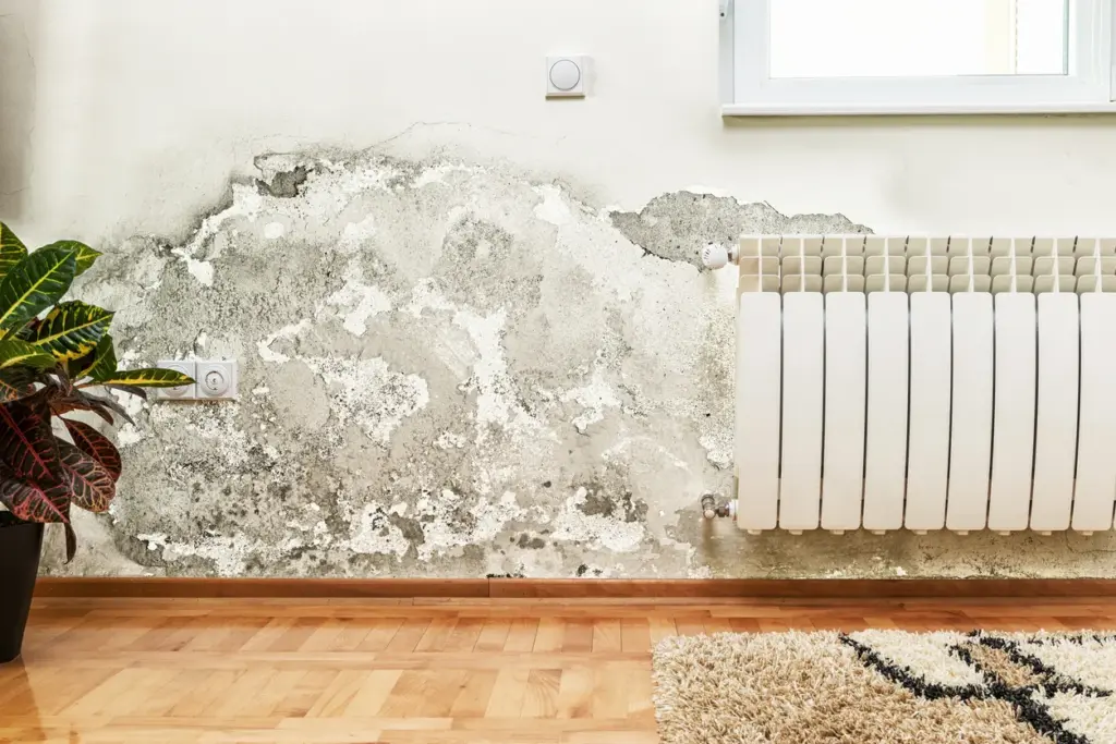 Black mold and water damage spreading across a residential interior wall in need of professional mold remediation