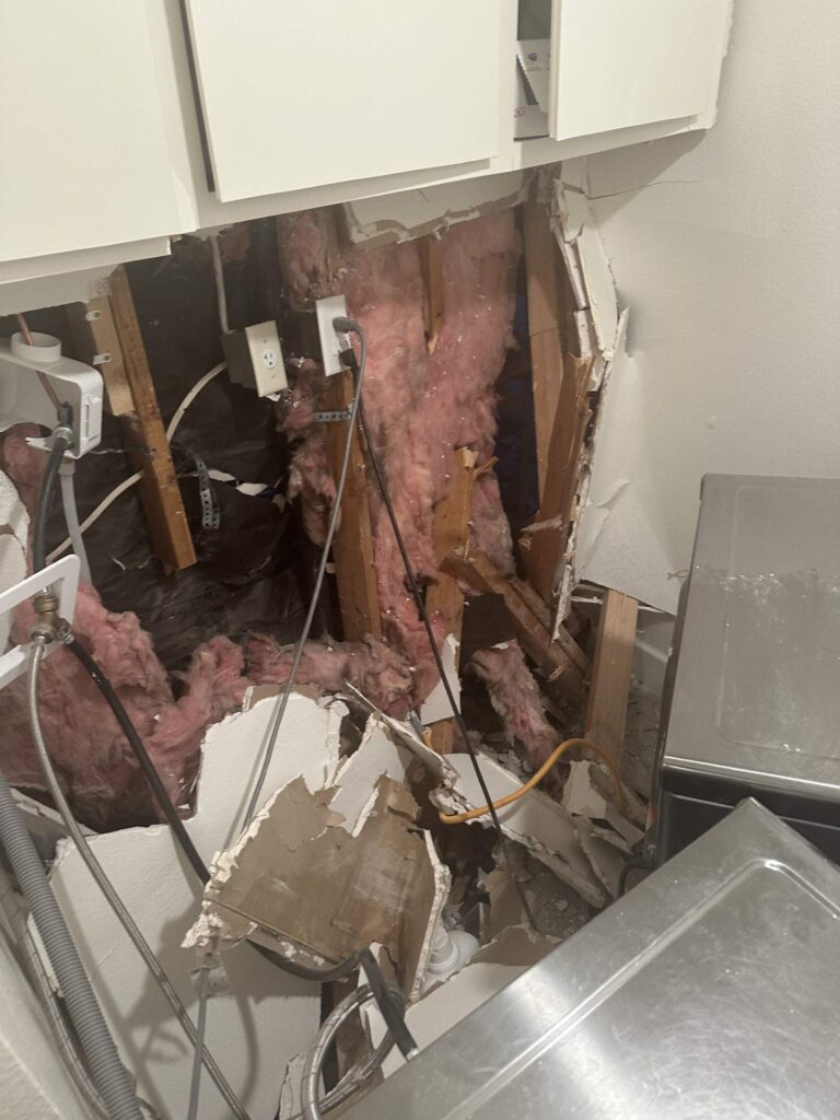 Laundry wall broken through from the inside after a car crashed into a house