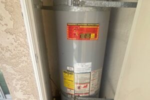 Water heater leaking investigation: gas water heater in an exterior closet in Simi Valley